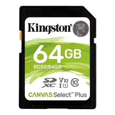 Cartão de memória SD Kingston 64GB preto e branco com etiqueta verde