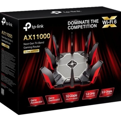 Caixa do router TP-Link AX11000 Wi-Fi 6 com texto promocional e cores preta e vermelha