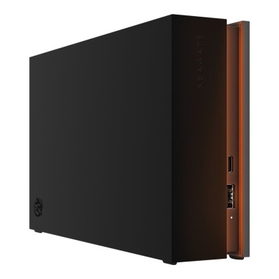 Disco rígido externo preto com iluminação laranja e portas USB