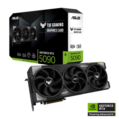 Cartão gráfico ASUS TUF GAMING GeForce RTX 5090 com três ventoinhas e embalagem
