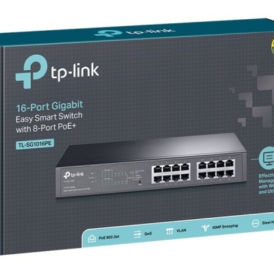 Embalagem de switch TP-Link 16 portas Gigabit, modelo TL-SG1016PE, preto e cinzento
