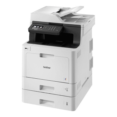 Impressora multifuncional branca Brother com ecrã e gavetas.