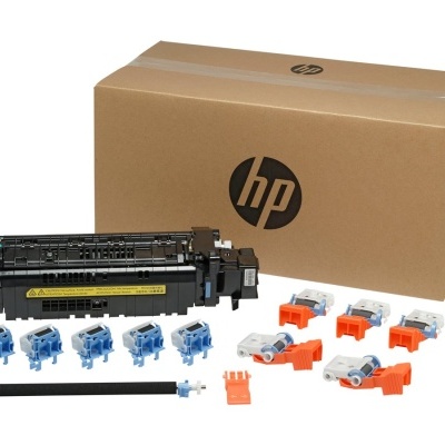 Conjunto de componentes para impressora HP com caixa castanha e peças plásticas coloridas