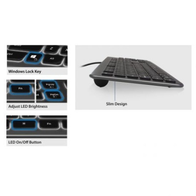 Teclado preto compacto com funções de luz LED e design fino