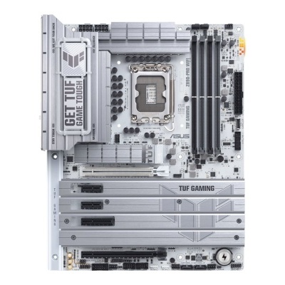 Placa mãe ASUS TUF GAMING cinza com dissipadores e slots PCIe