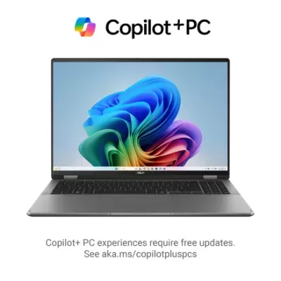 Laptop ASUS com ecrã colorido e texto Copilot + PC