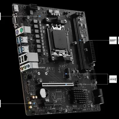 Placa mãe preta com múltiplos conectores e componentes eletrónicos