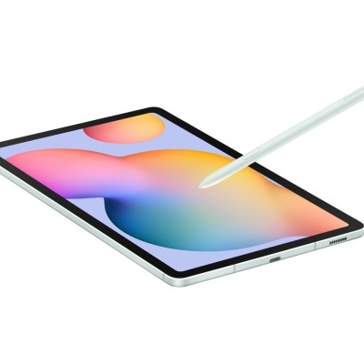 Tablet prateado com ecrã colorido e caneta branca