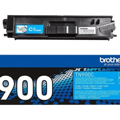 Toner Brother TN900C ciano com caixa preta e azul com texto e número 900