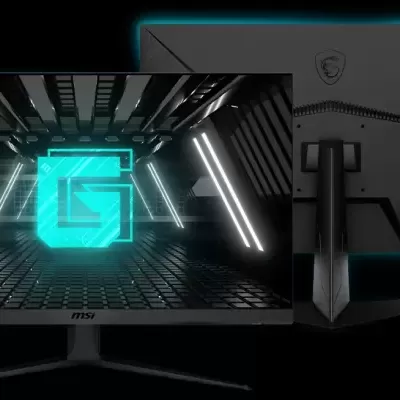Monitor curvo MSI preto com padrão azul e preto no ecrã e letra G