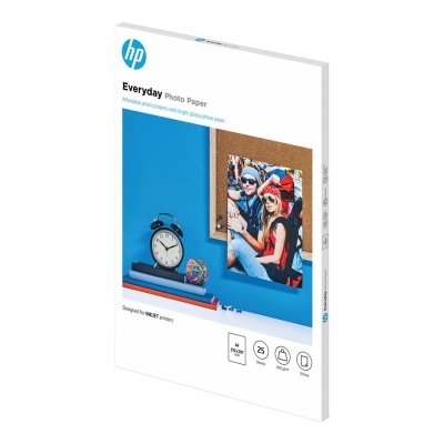 Pacote de papel fotográfico HP Everyday Photo Paper com imagem de relógio e fotos em cortiça