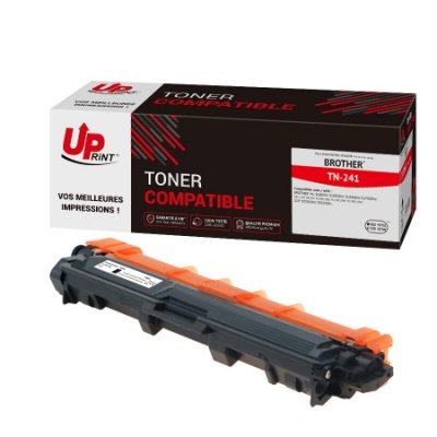 Toner compatível Brother TN-241 Up Print preto com tampa laranja ao lado da embalagem