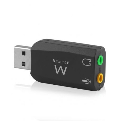 Adaptador USB de som Ewent W preto com duas entradas de áudio verde e amarela.