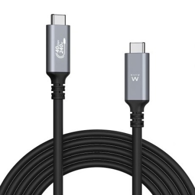 Cabo USB Tipo C preto com extremidades azul metálico e texto branco