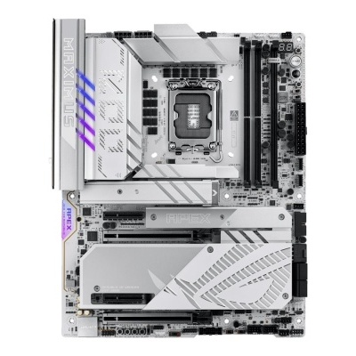 Placa-mãe branca ASUS PRIME Z790-A vista superior com texto iluminado roxo