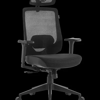 Cadeira de escritório preta com encosto de malha e apoio de cabeça