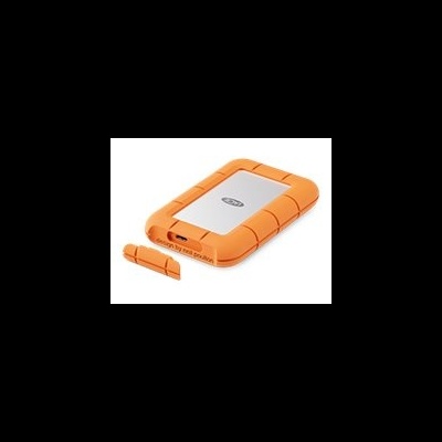 Disco rígido portátil com proteção laranja e superfície metálica prateada