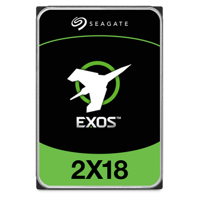 Disco rígido Seagate EXOS preto e verde com logotipo e texto visível.