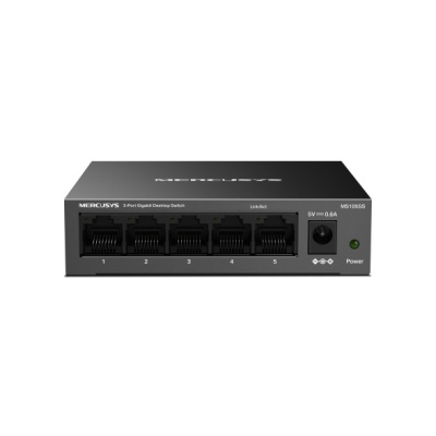 Switch de rede preto MERCUSYS com 5 portas Ethernet e indicador LED verde