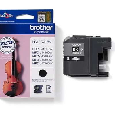 Cartucho de tinta preto Brother LC127XL-BK com embalagem e cartucho à direita