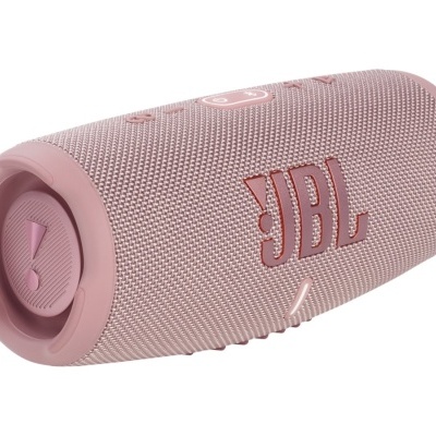 Coluna portátil JBL rosa com textura em malha e botões embutidos