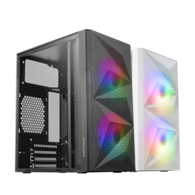 Dois gabinetes de computador com luzes LED coloridas, um preto e um branco, com frente em malha.