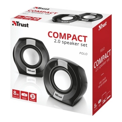 Conjunto de colunas Trust compactas 2.0 modelo Polo preto e prateado em caixa