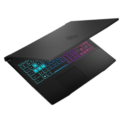 Portátil preto com teclado retroiluminado azul e rosa