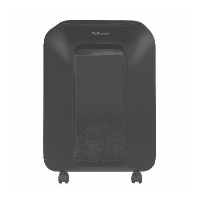 Caixa preta com rodas e display com texto Fellowes