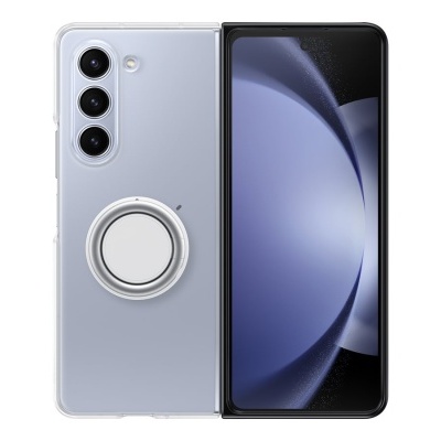 Smartphone prateado com três câmaras e suporte redondo na traseira