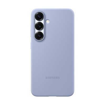 Smartphone Samsung lilás claro visto de trás com três câmaras e flash