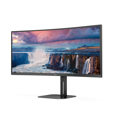 Monitor curvo AOC preto com imagem de cachoeiras no ecrã