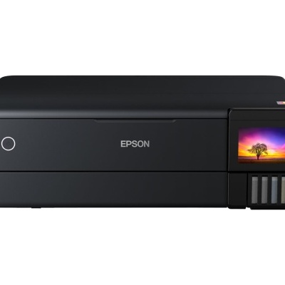 Impressora Epson preta com visor colorido e depósito de tinta visível