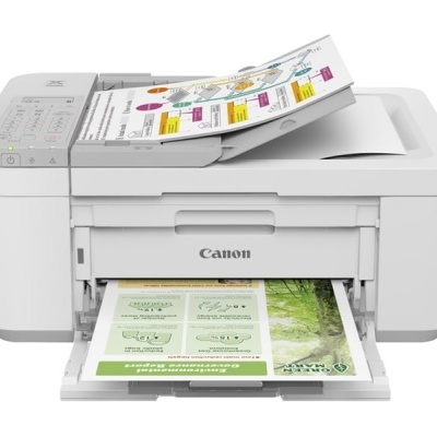 Impressora Canon branca a imprimir documentos coloridos