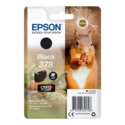 Embalagem de tinta Epson Black 378 com imagem de esquilo e texto EXCEED YOUR VISION