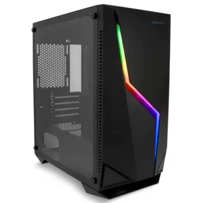 Torre de computador preta com painel lateral em vidro fumado e iluminação RGB frontal
