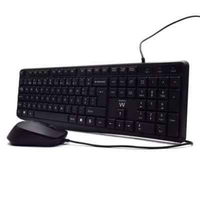 Teclado e rato pretos conectados por fios em fundo branco