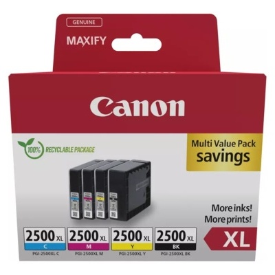 Pack de tinteiros Canon Maxify XL nas cores C, M, Y, BK em embalagem reciclável.