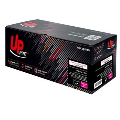 Embalaem de toner compatível Up Print preta com linhas diagonais coloridas e texto em branco e vermelho