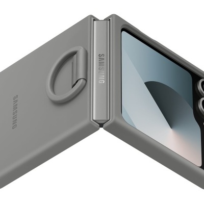 Telemóvel Samsung dobrável cinzento aberto a meio com duas câmaras traseiras