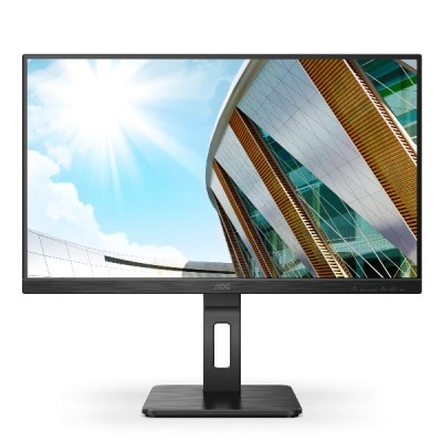 Monitor AOC preto com imagem de arquitetura moderna no ecrã