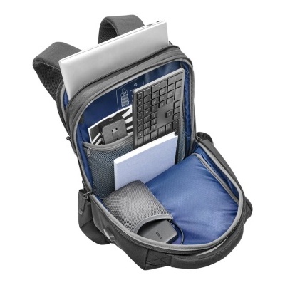 mochila cinza com interior azul e compartimentos organizadores