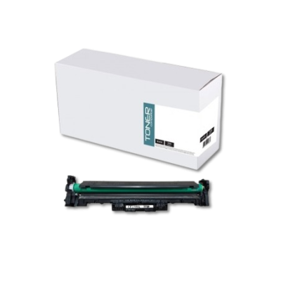 Toner de impressora preto com cilindro verde e caixa branca com etiqueta azul