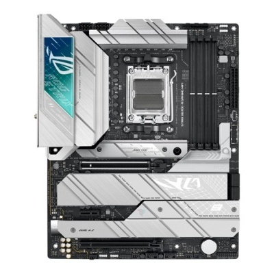 Placa-mãe ASUS ROG branca e preta com dissipadores metálicos e socket central.