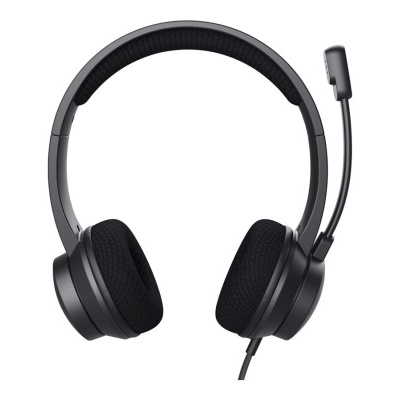 Auricular preto com microfone e cabo em fundo branco