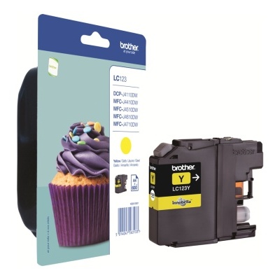 Cartucho de tinta Brother LC123Y amarelo com embalagem e imagem de cupcake