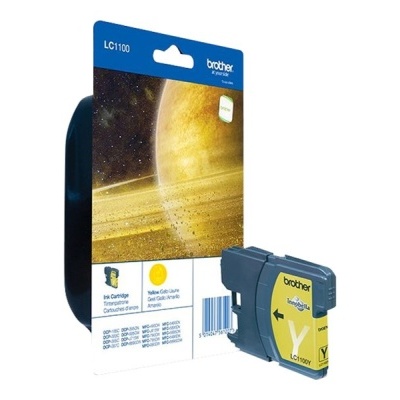 Cartucho de tinta Brother LC1100 amarelo com embalagem azul e preta e imagem de planeta