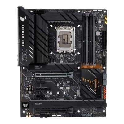 Placa-mãe ASUS TUF GAMING Z690-PLUS D4 preta com detalhes amarelos e laranjas