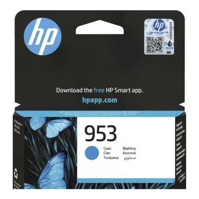 Embalagem de cartucho de tinta HP 953 azul com borboletas e texto promocional