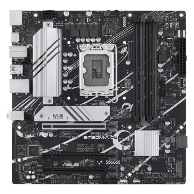 Placa-mãe ASUS PRIME B750M-A D4 preta com detalhes cinzentos e brancos